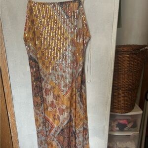 Zara Patchwork Printed Sequin Midi Dress - Orange Multi - Women's Size Large